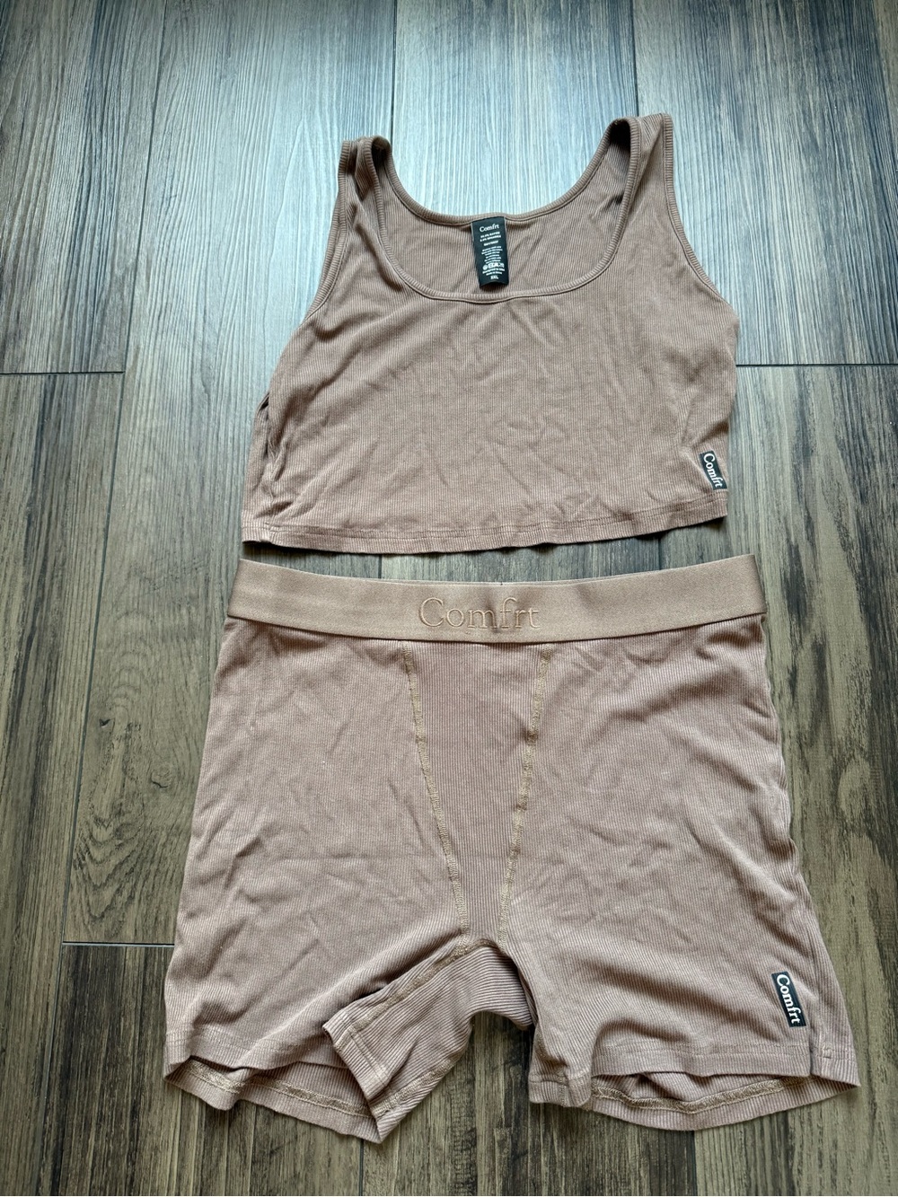 Comfit Women's Ribbed Scoop Crop Tank & High-Waist Boxer Set in Brown